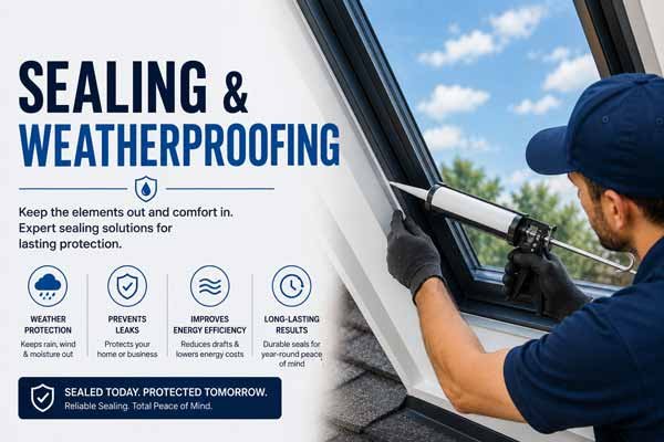 Technician sealing and weatherproofing a window frame