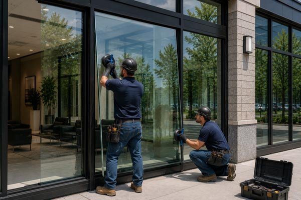 Technician installing security glass on a storefront window