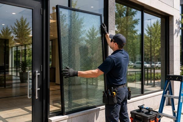 Security glass installation on a commercial storefront