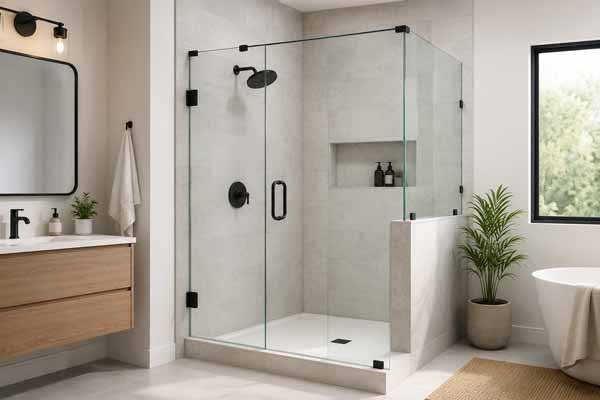 Semi-frameless glass shower enclosure in a bathroom
