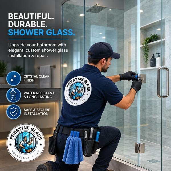 Technician installing a custom frameless glass shower door