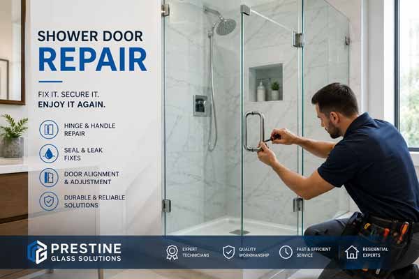 Shower door repair including hinge, handle and seal work