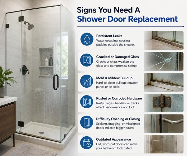 Signs you need a shower door replacement, including leaks and cracked glass