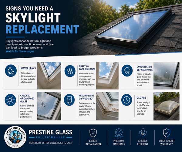Signs you need a skylight replacement, including leaks, condensation and cracked glass