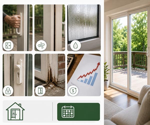 Signs you need patio door replacement, including drafts and sticking tracks