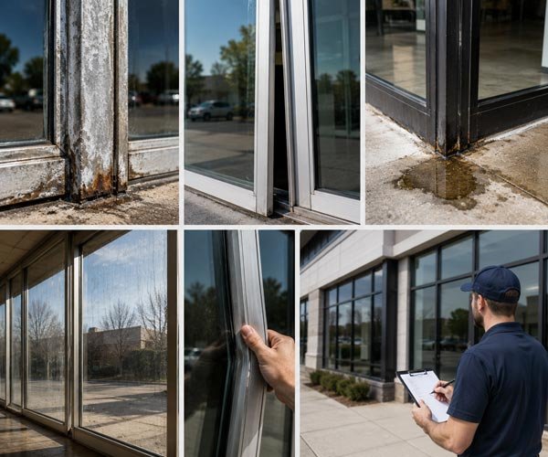Signs your aluminum storefront system needs work, including corrosion and failed seals