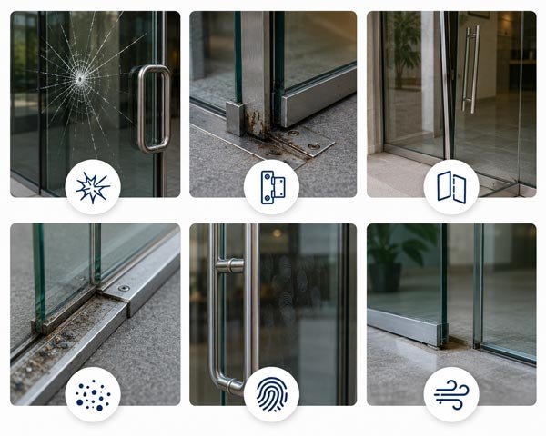 Signs your glass door needs repair, including cracks and worn hinges