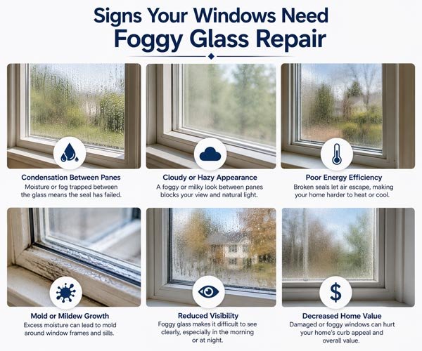 Signs your windows need foggy glass repair, including condensation between panes