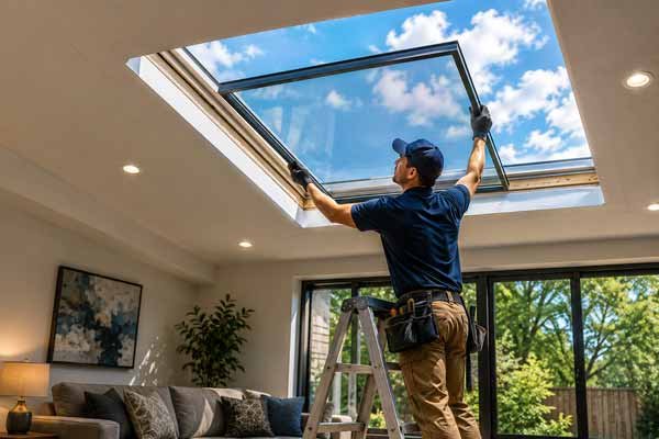 Technician replacing the glass panel in an existing skylight