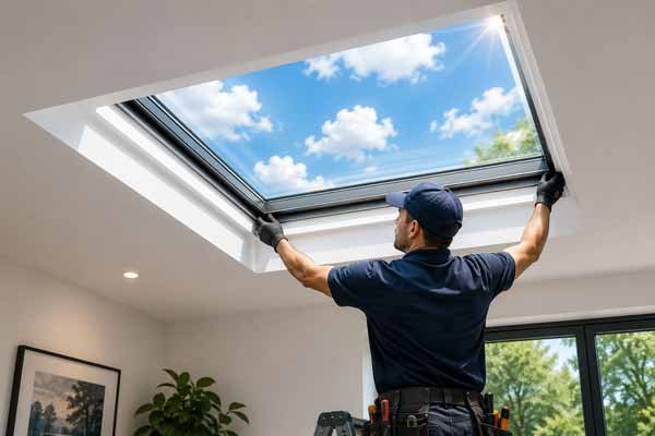 Glazier installing a new skylight from inside a home