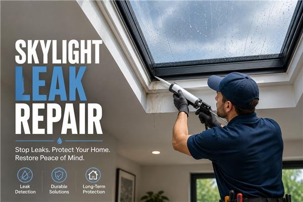 Skylight leak repair with fresh sealant applied by a technician