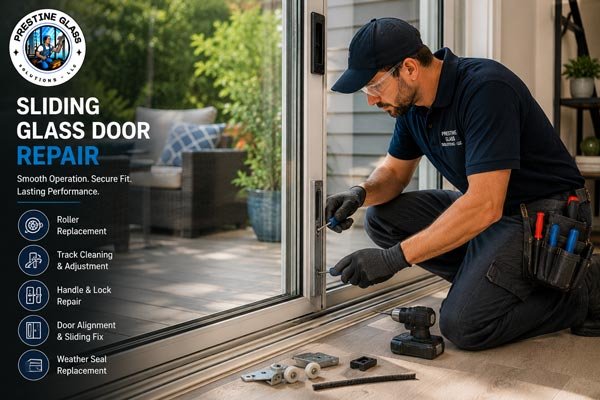 Sliding glass door repair with roller and track replacement