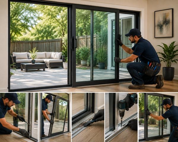 Technician installing a sliding patio door