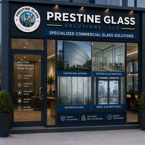 Specialized commercial glass storefront installed by Prestine Glass Solutions