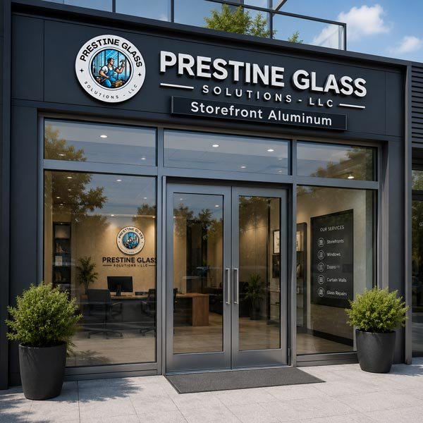Prestine Glass Solutions aluminum storefront system with glass entrance