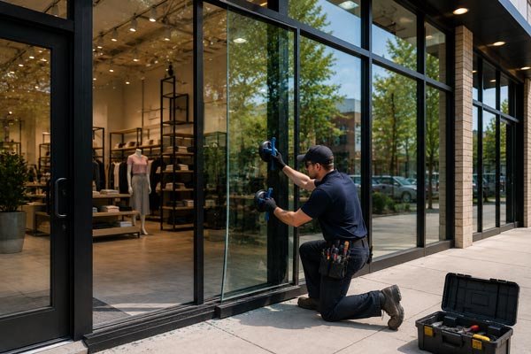 Storefront glass repair by a Prestine Glass technician