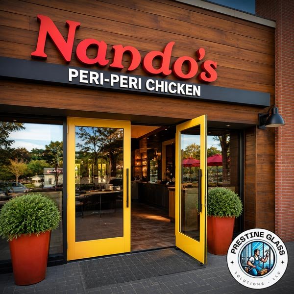 Nando's restaurant storefront with new glass entry doors in Washington DC
