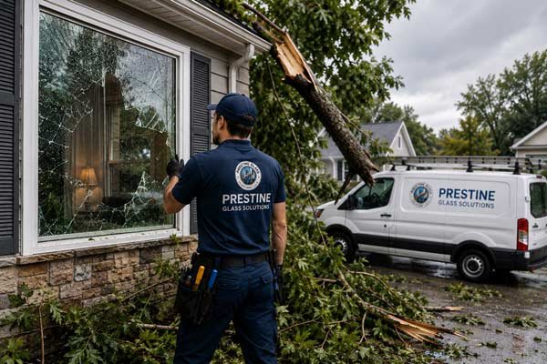 Prestine Glass van at a home with storm damage to a window