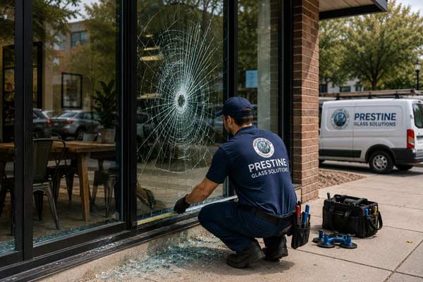 Technician repairing storefront glass damaged by vandalism