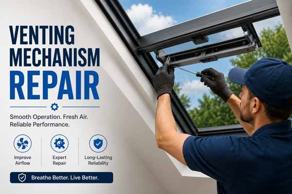 Skylight venting mechanism repair by a Prestine Glass technician