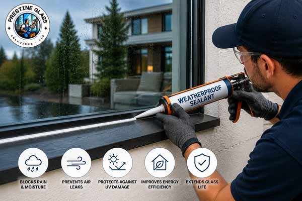 Technician applying weatherproofing sealant around a window frame