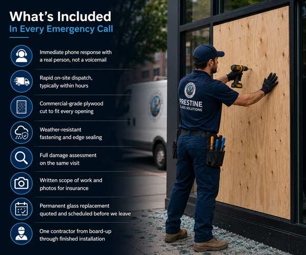 What is included in every emergency board-up call