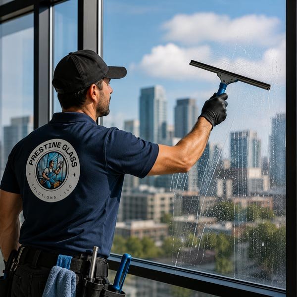 Glazier squeegeeing a newly installed window with the DC skyline behind