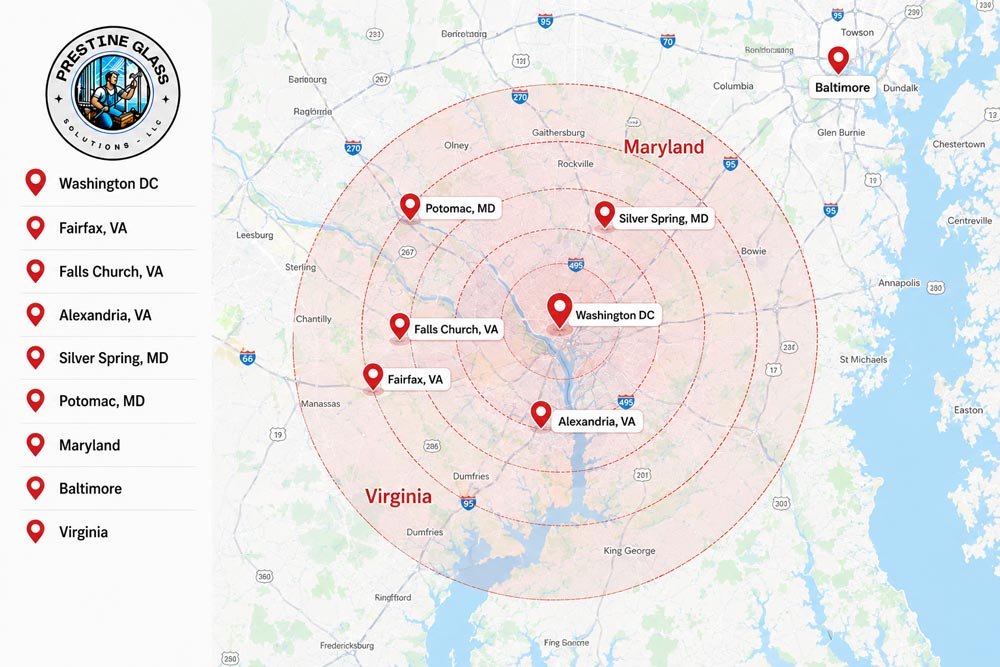 Map of the DC, Maryland and Virginia service area covered by Prestine Glass Solutions