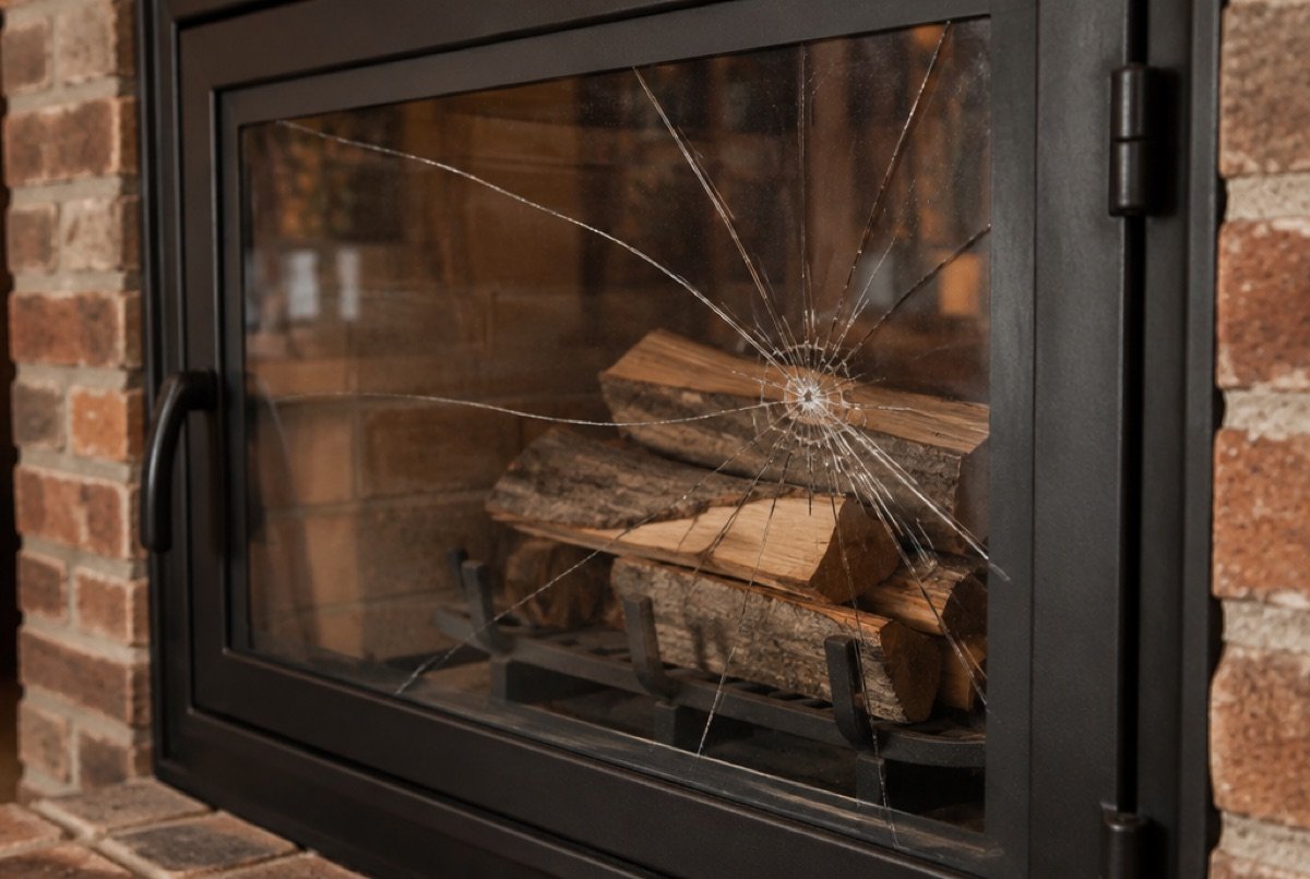 Cracked tempered glass panel in a black fireplace door