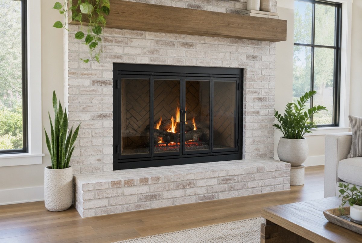 Black framed bi-fold glass doors installed on a whitewashed brick fireplace