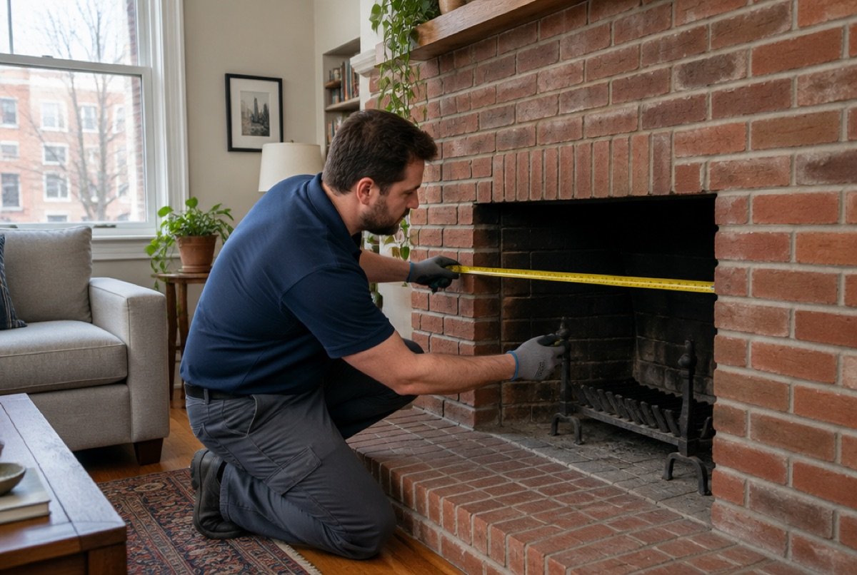 Glass technician measuring a brick fireplace opening for new glass doors
