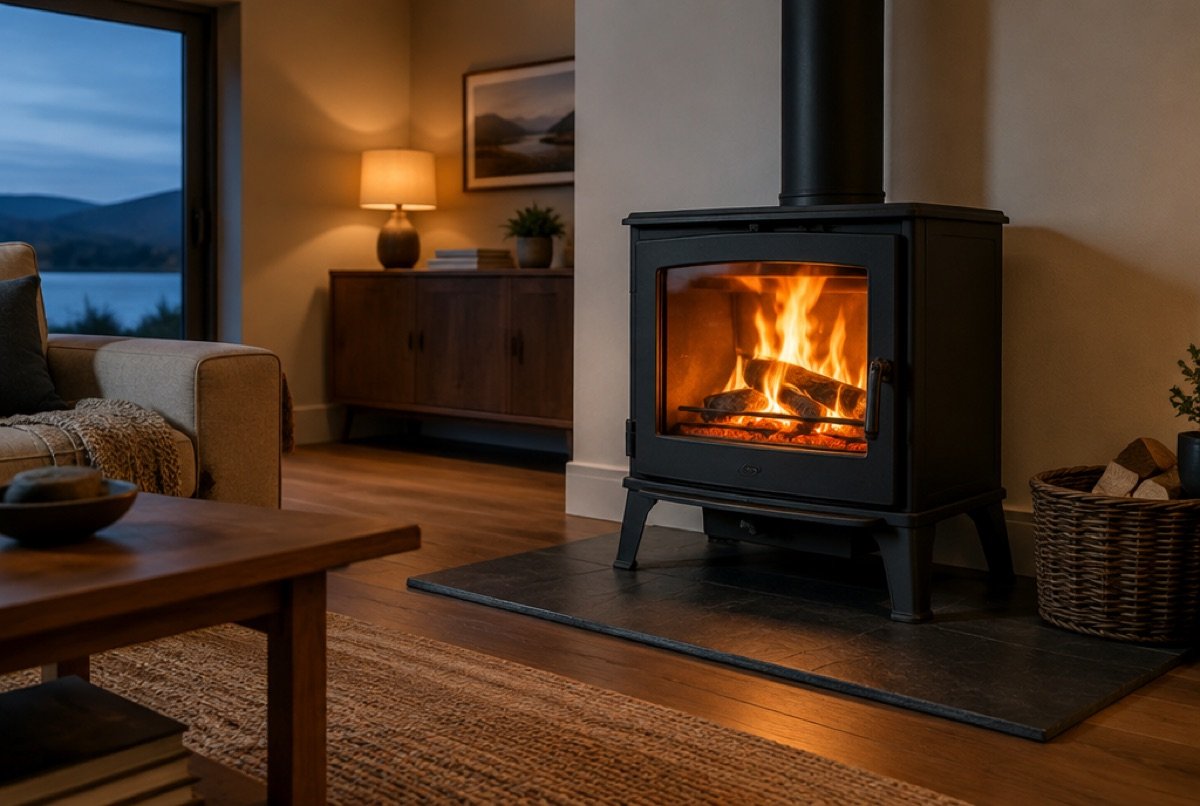 Wood stove with a clear ceramic glass window and a fire burning