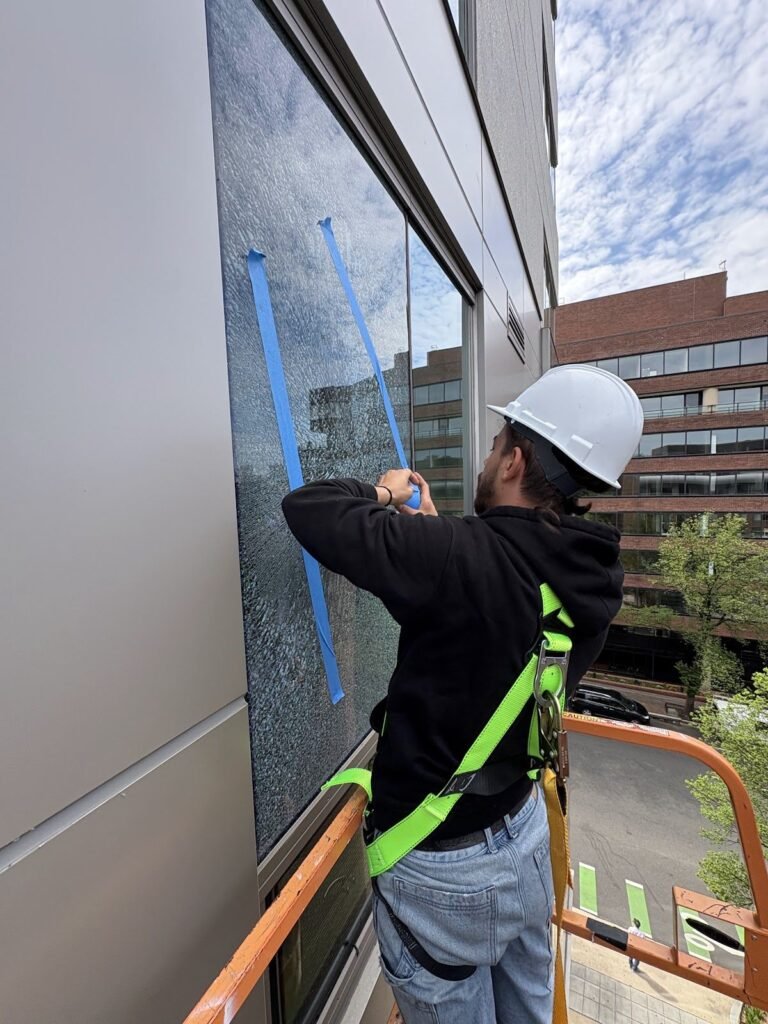 Technician on a lift taping a cracked office window before removal